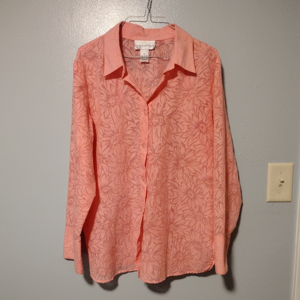 Susan Graver Style floral sheer button front blouse Top